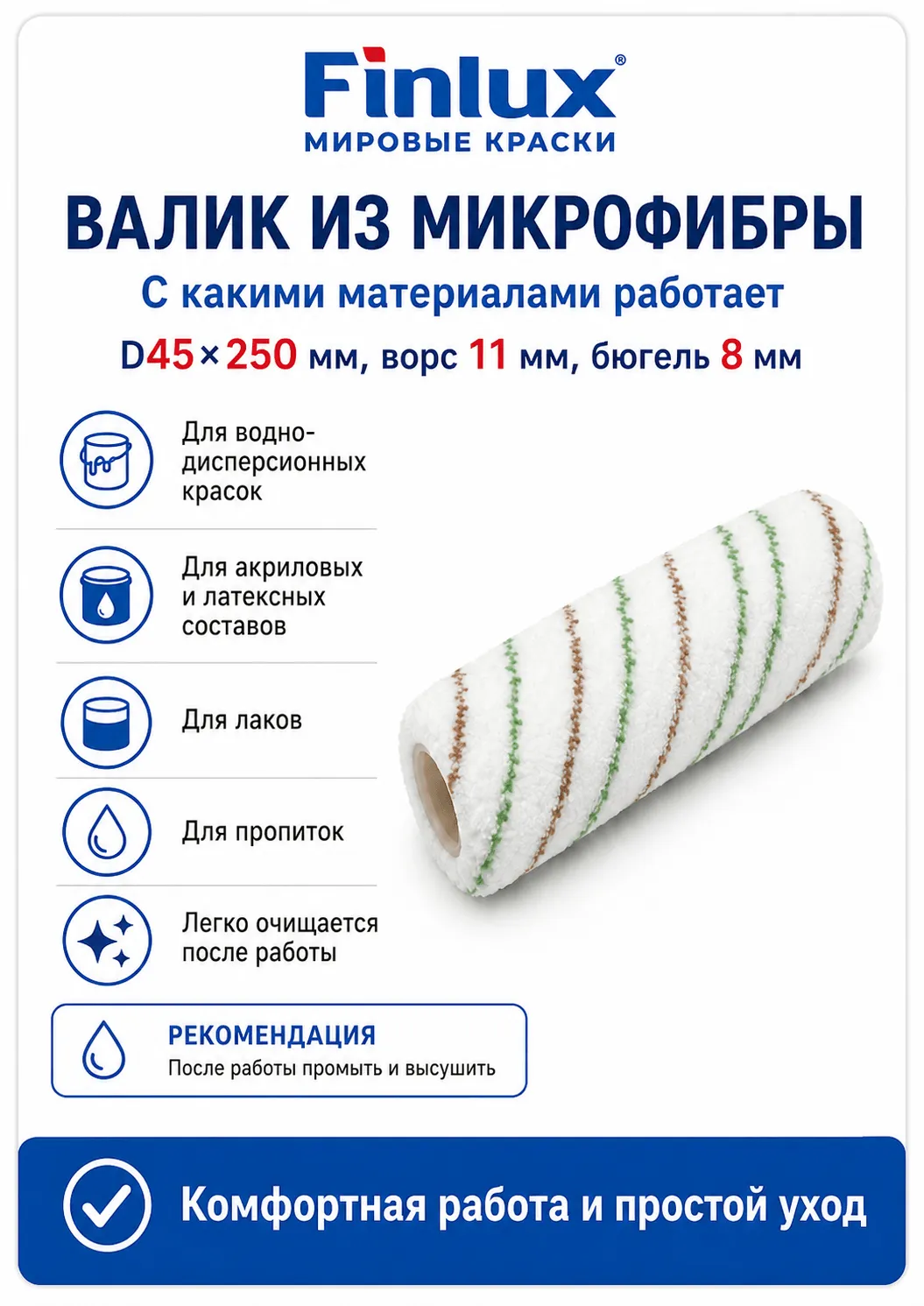 Валик из микрофибры D45×250 мм, ворс 11 мм, бюгель 8 мм FinluxHome DECOR ( Ролик 250 мм)