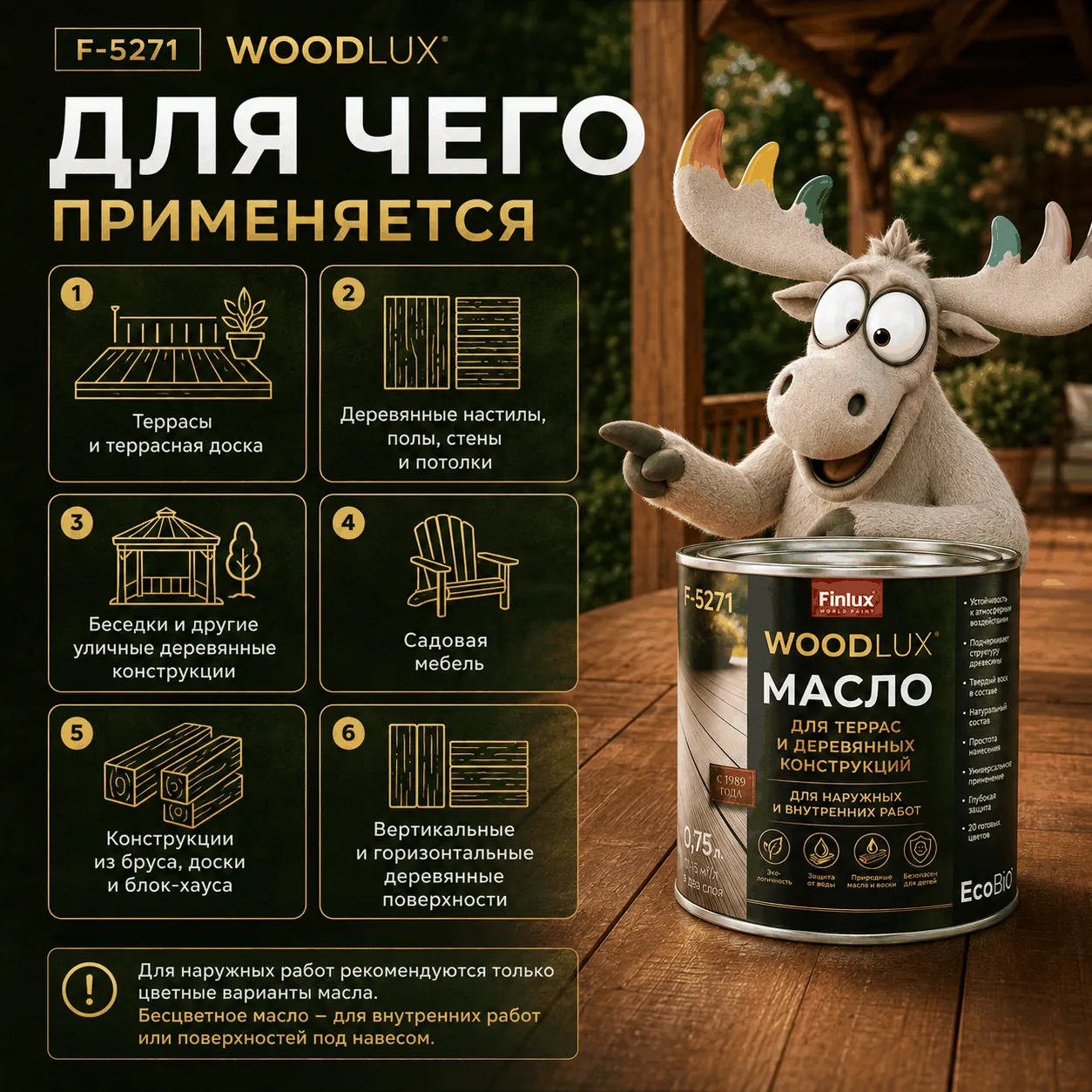 Масло для террас и деревянных конструкций Finlux EcoBiOil F-5271