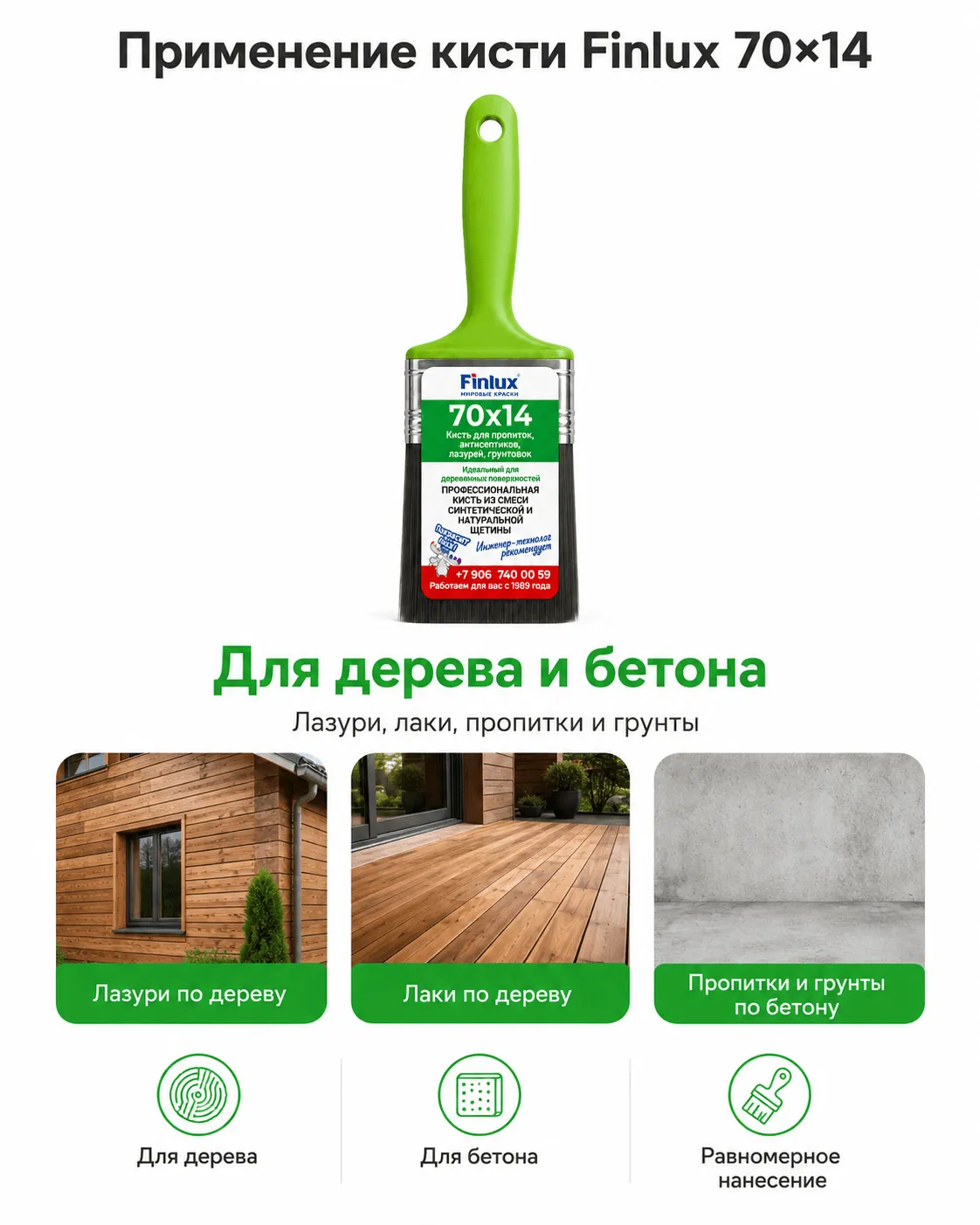 Кисть для лазурей, грунтовок, пропиток и антисептиков FinluxHome DECOR